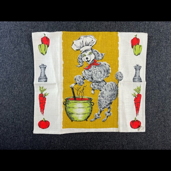 •Mid-Century Anthropomorphic Poodle Chef Linen Tea Towel NWOT• - Picture 2 of 5